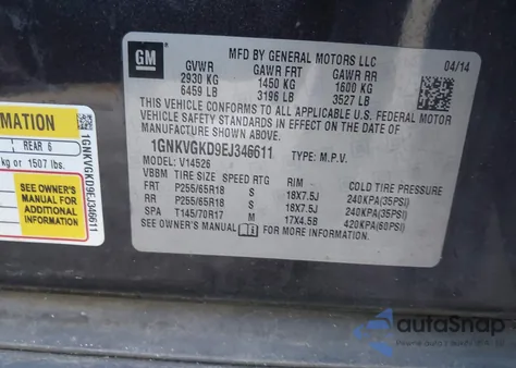 2014 Chevrolet Traverse 1Lt z USA, uszkodzony, nr VIN 1GNKVGKD9EJ346611